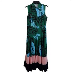 Beulah Green Tropical Print Maxi Dress with Blue Leaf Motif and Pink & Black Hem